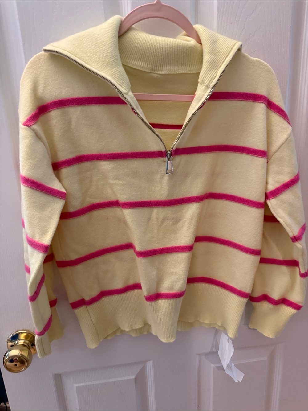 Striped Half-Zip Cowl Sweater in Yellow & Pink
